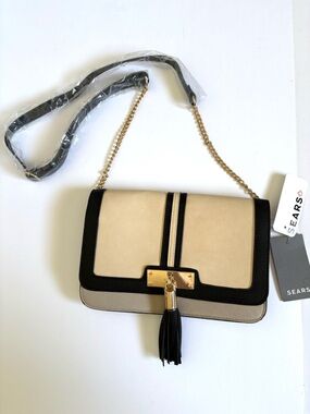 Sears Beige, grey, black, Chain Tassel Crossbody bag, 9 inches by 6 inches. NWT.